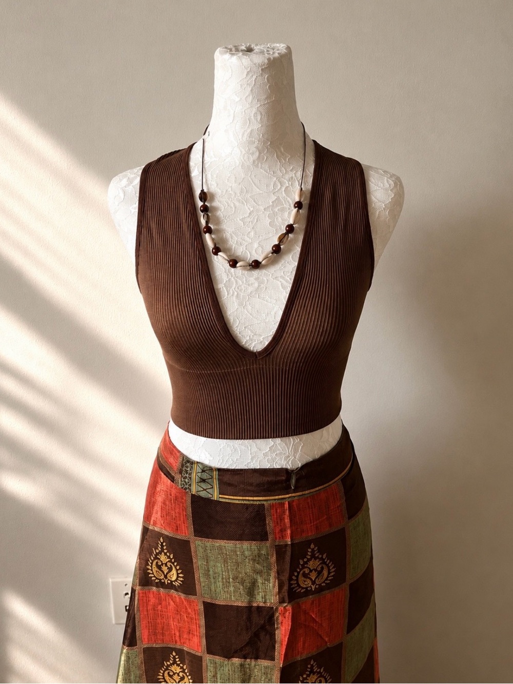 Urban Outfitters Deep V Ribbed Crop Top in Rich Brown